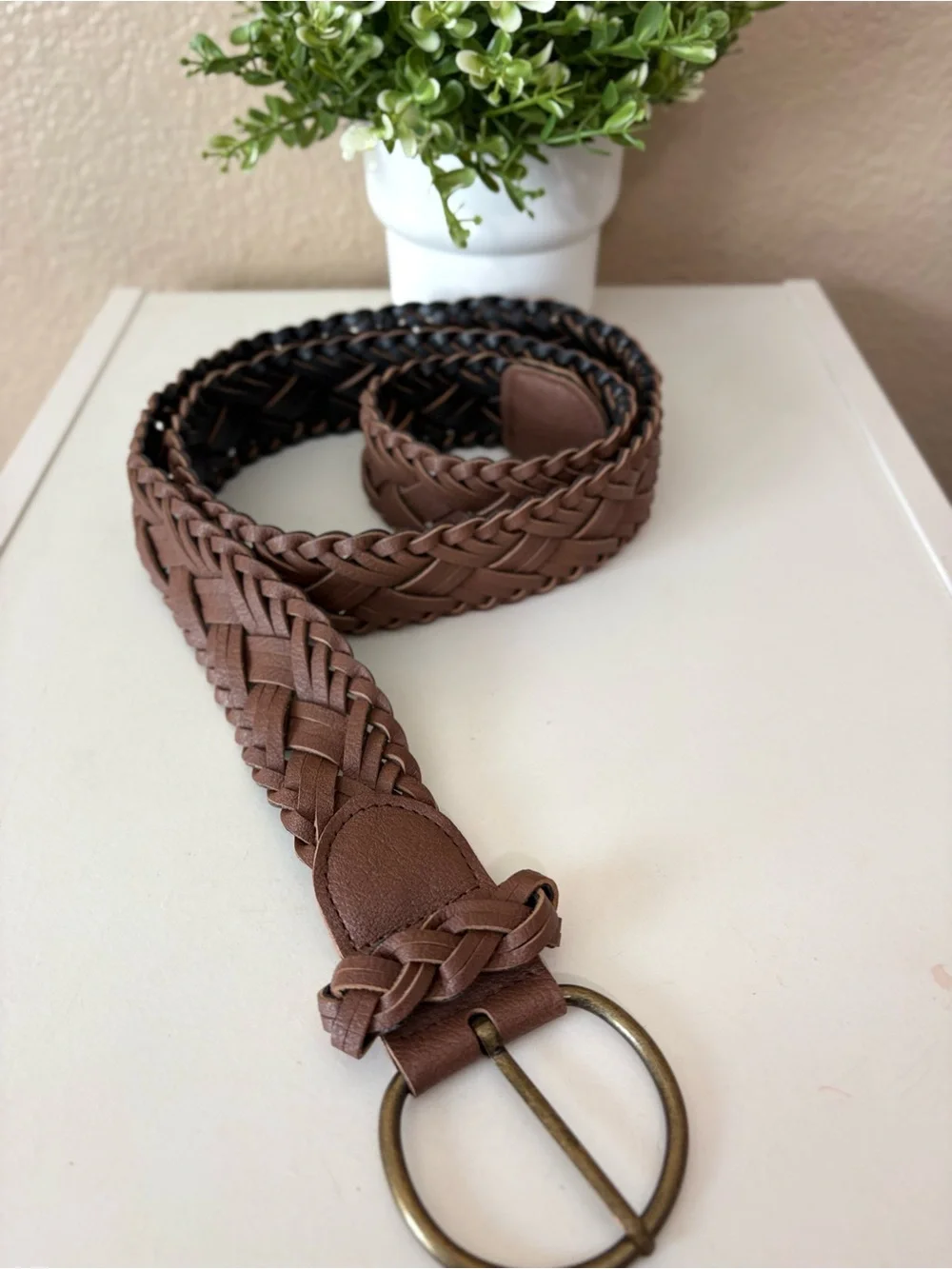 Brown Braided Leather Belt with Brass Ring Buckle size L/30